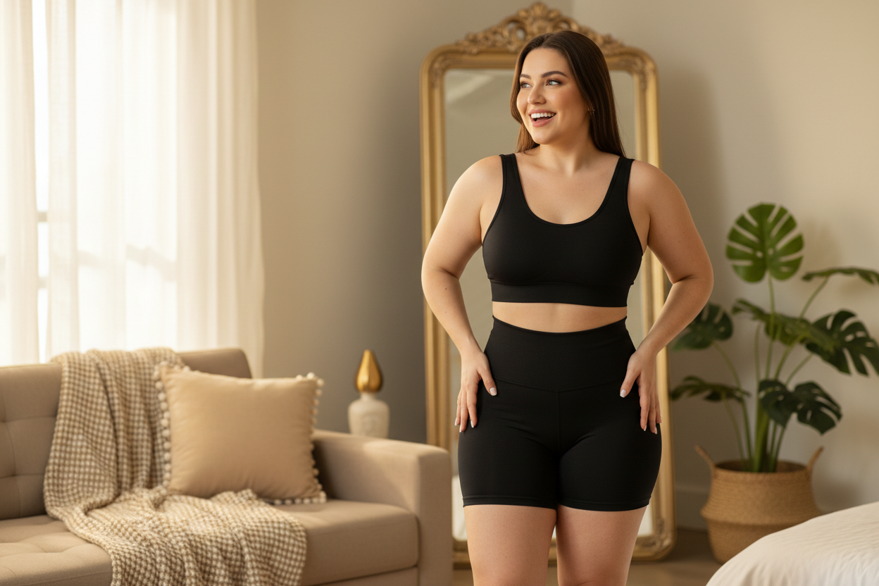 Joyful curvy woman wearing black Colombian high-waist booty-lift shorts and matching bra, standing at a comfortable distance from a mirror, looking at her own reflection with bright open eyes and happy smile. Healthy, proportionate curvy body, high waist strongly sculpts abdomen and back. Calm cozy home, soft natural light, warm tones. Emotional, confidence-boosting, luxury lifestyle editorial, realistic, premium brand. No logos.