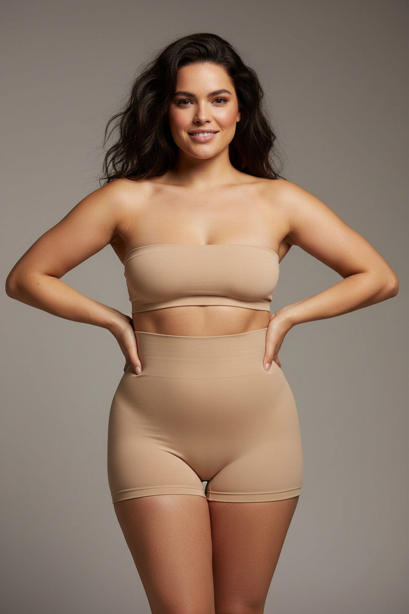 Photorealistic studio image of a natural, beautiful woman wearing high-waist tummy control shorts. Focus on midsection, waist, hips, and thighs. The high-waist design visibly flattens the abdomen and smooths the waistline, hiding belly rolls naturally. Realistic body, soft curves, confident posture. Clean neutral background, soft natural lighting, ultra-realistic fashion photography, no text, no logos.
